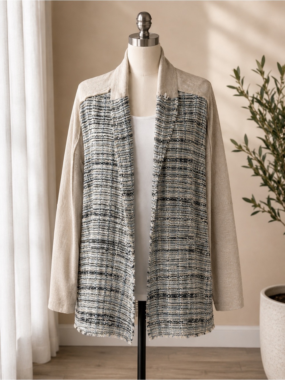Anthropologie Cream Open-Front Cardigan with Black-and-Cream Tweed Panel